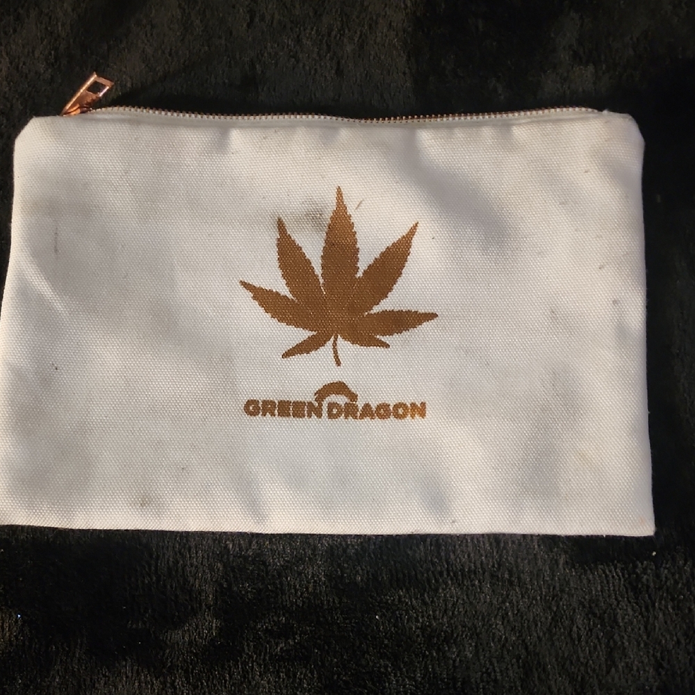Green Dragon White Canvas Pouch with Gold Leaf Motif
